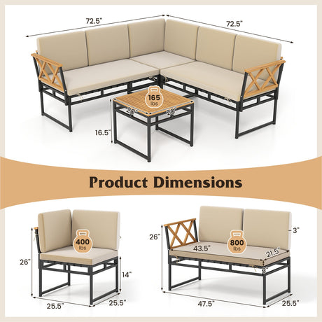 Juego de sofá de patio en forma de L de 4 piezas con cojines y mesa auxiliar - Marrón