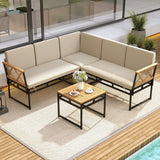 4 Pieces Patio L-Shaped Sofa Set with Cushions and Side Table-Brown