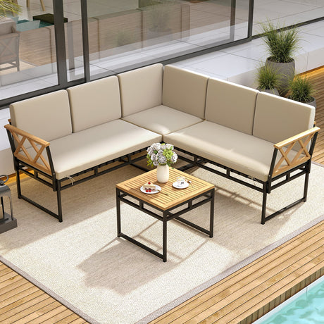 Juego de sofá de patio en forma de L de 4 piezas con cojines y mesa auxiliar - Marrón