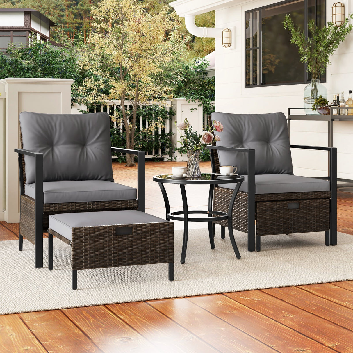 Juego de muebles de exterior de 4 piezas con mesa de centro con tapa de cristal