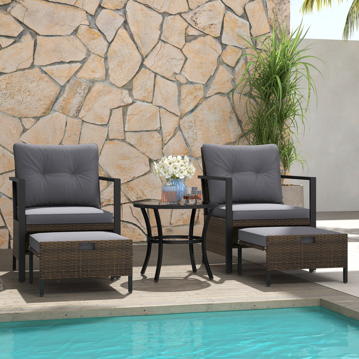 Juego de muebles de exterior de 4 piezas con mesa de centro con tapa de cristal