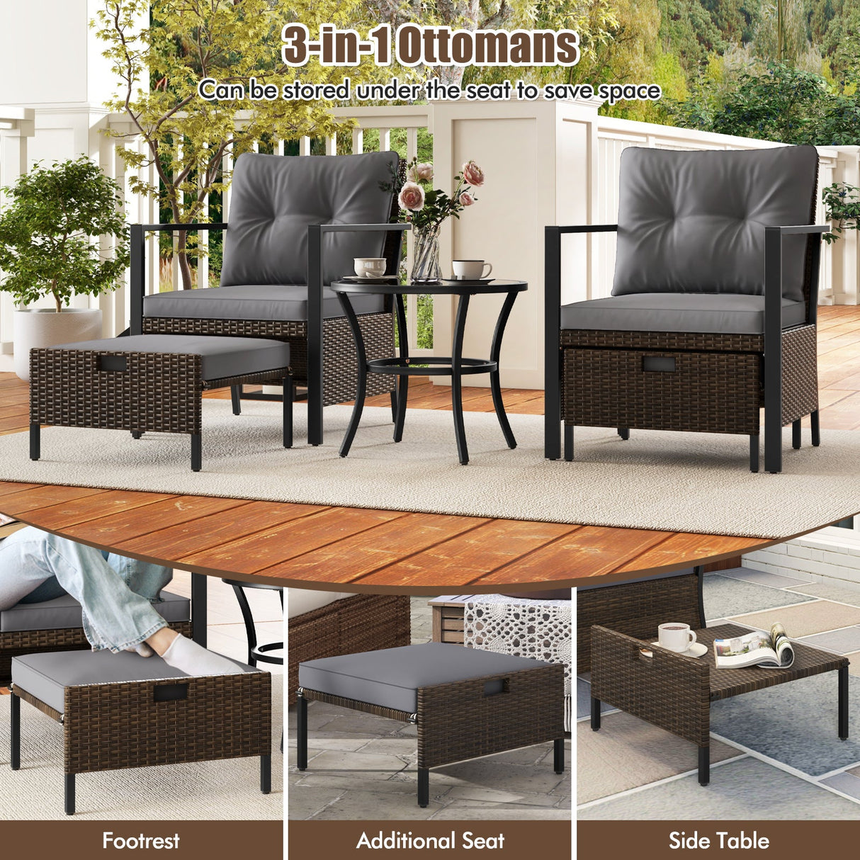 Juego de muebles de exterior de 4 piezas con mesa de centro con tapa de cristal