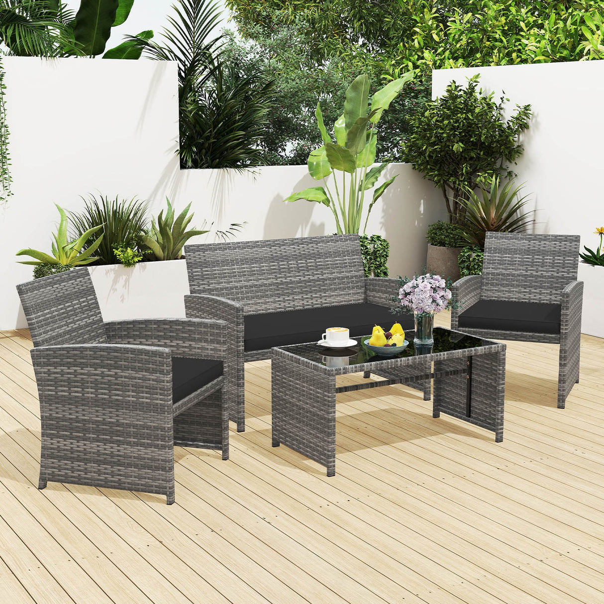 Juego de conversación de patio de 4 piezas con silla, sofá de dos plazas y mesa de ratán
