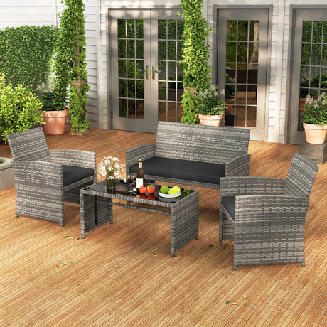 4 Piece Patio Conversation Set Rattan Chair Loveseat and Table Set