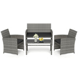 Juego de conversación de patio de 4 piezas con silla, sofá de dos plazas y mesa de ratán