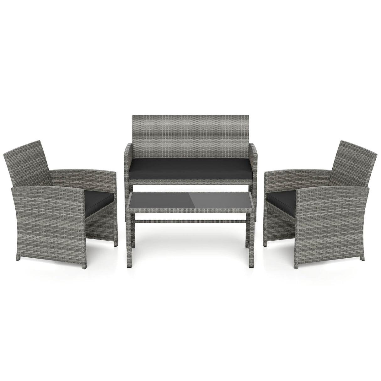 Juego de conversación de patio de 4 piezas con silla, sofá de dos plazas y mesa de ratán