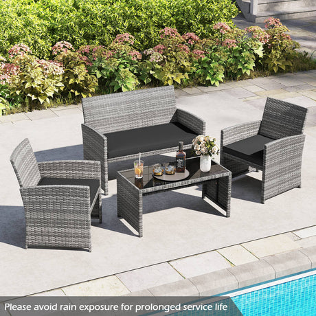 4 Piece Patio Conversation Set Rattan Chair Loveseat and Table Set