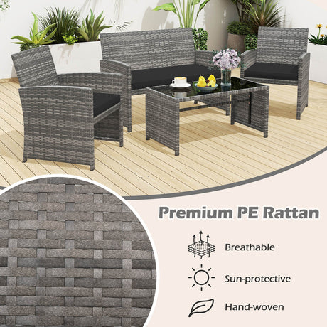 4 Piece Patio Conversation Set Rattan Chair Loveseat and Table Set