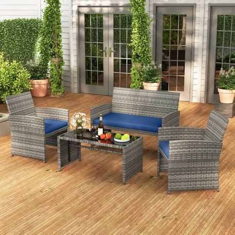 4 Piece Patio Conversation Set Rattan Chair Loveseat and Table Set
