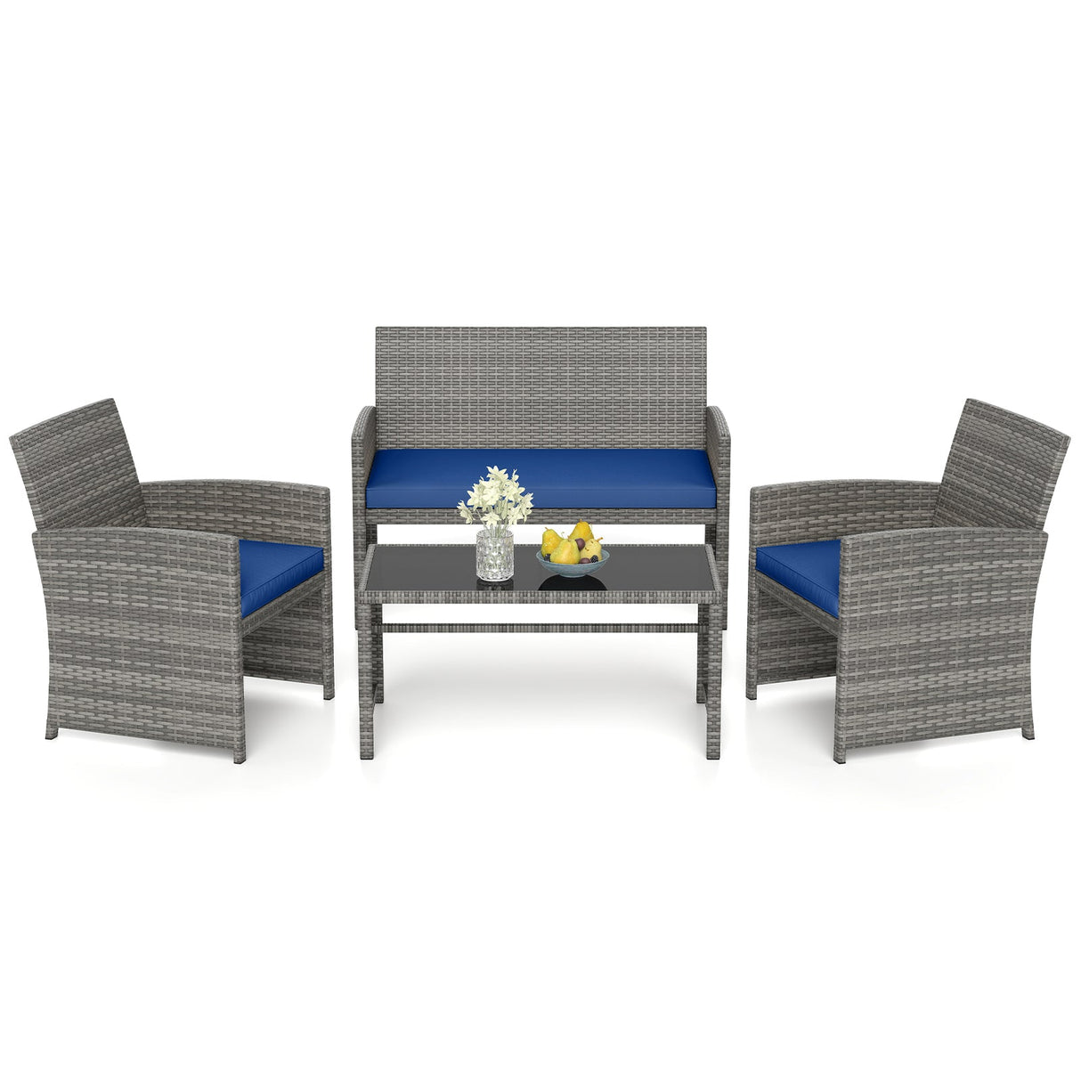 Juego de conversación de patio de 4 piezas con silla, sofá de dos plazas y mesa de ratán