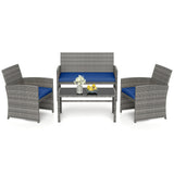 Juego de conversación de patio de 4 piezas con silla, sofá de dos plazas y mesa de ratán