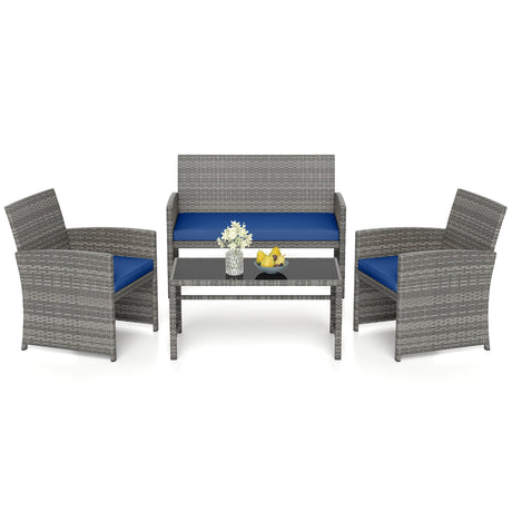 4 Piece Patio Conversation Set Rattan Chair Loveseat and Table Set