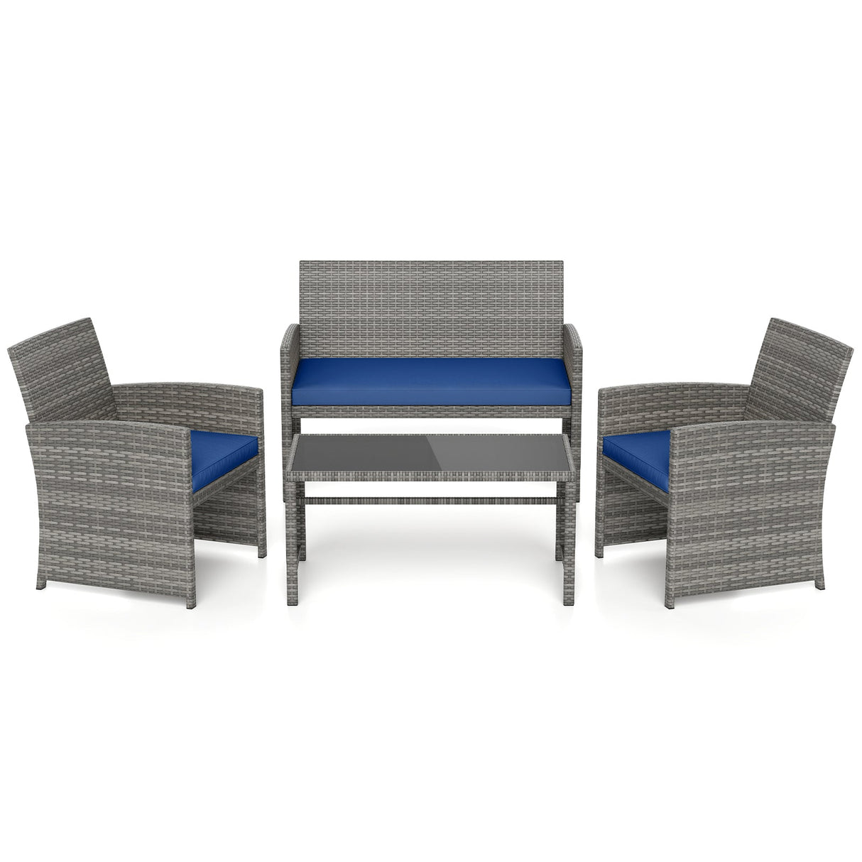 Juego de conversación de patio de 4 piezas con silla, sofá de dos plazas y mesa de ratán
