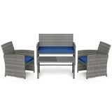Juego de conversación de patio de 4 piezas con silla, sofá de dos plazas y mesa de ratán
