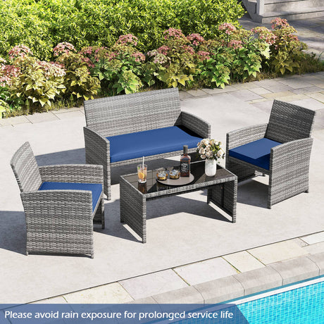 4 Piece Patio Conversation Set Rattan Chair Loveseat and Table Set