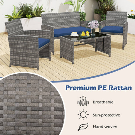 4 Piece Patio Conversation Set Rattan Chair Loveseat and Table Set