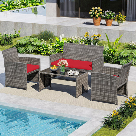 4 Piece Patio Conversation Set Rattan Chair Loveseat and Table Set