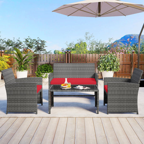 4 Piece Patio Conversation Set Rattan Chair Loveseat and Table Set