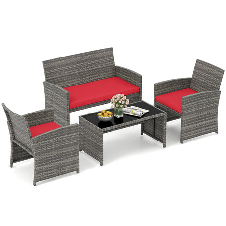 4 Piece Patio Conversation Set Rattan Chair Loveseat and Table Set