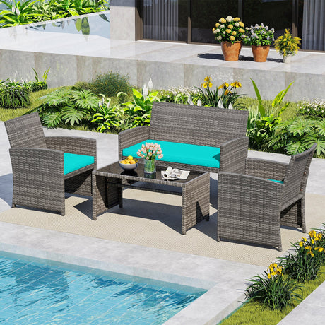 4 Piece Patio Conversation Set Rattan Chair Loveseat and Table Set