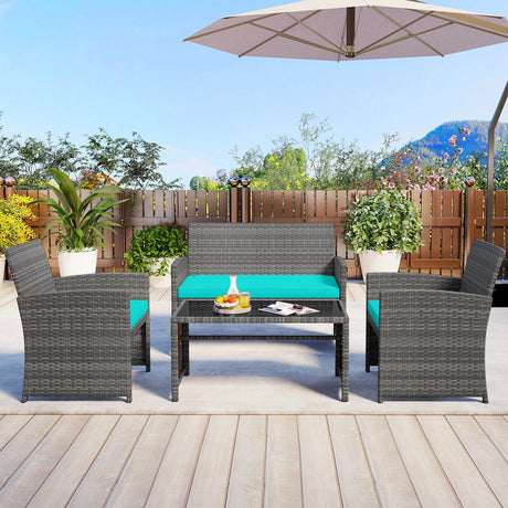 4 Piece Patio Conversation Set Rattan Chair Loveseat and Table Set