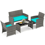 Juego de conversación de patio de 4 piezas con silla, sofá de dos plazas y mesa de ratán