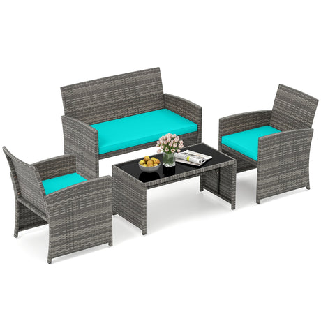 4 Piece Patio Conversation Set Rattan Chair Loveseat and Table Set