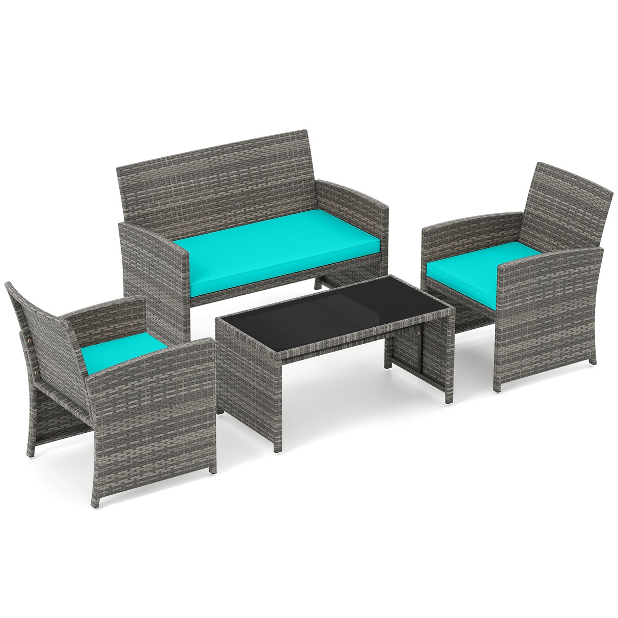 Juego de conversación de patio de 4 piezas con silla, sofá de dos plazas y mesa de ratán