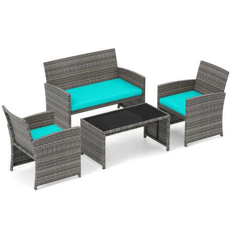 4 Piece Patio Conversation Set Rattan Chair Loveseat and Table Set