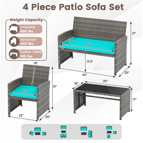 4 Piece Patio Conversation Set Rattan Chair Loveseat and Table Set