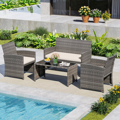 4 Piece Patio Conversation Set Rattan Chair Loveseat and Table Set