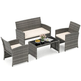 Juego de conversación de patio de 4 piezas con silla, sofá de dos plazas y mesa de ratán