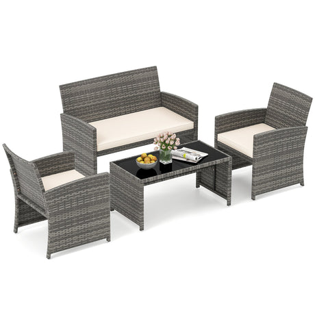 4 Piece Patio Conversation Set Rattan Chair Loveseat and Table Set
