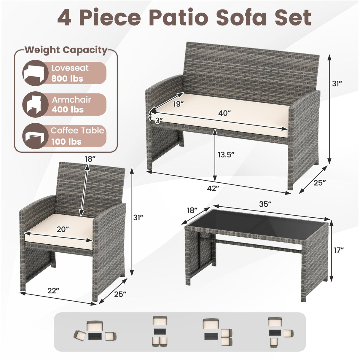 Juego de conversación de patio de 4 piezas con silla, sofá de dos plazas y mesa de ratán