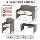 Juego de conversación de patio de 4 piezas con silla, sofá de dos plazas y mesa de ratán