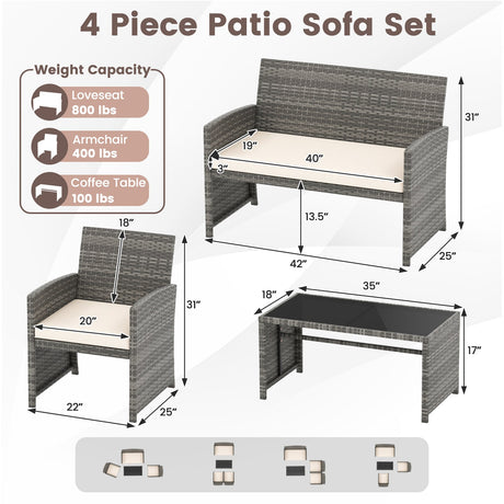 4 Piece Patio Conversation Set Rattan Chair Loveseat and Table Set