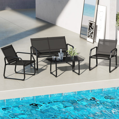Juego de conversación para patio de 4 piezas con asiento de tela transpirable y mesa con cubierta de vidrio templado - Negro