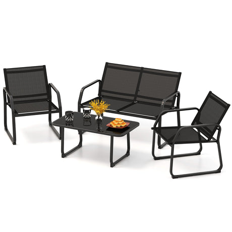 Juego de conversación para patio de 4 piezas con asiento de tela transpirable y mesa con cubierta de vidrio templado - Negro