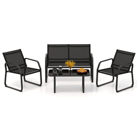 Juego de conversación para patio de 4 piezas con asiento de tela transpirable y mesa con cubierta de vidrio templado - Negro