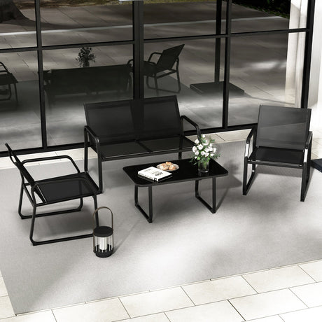 Juego de conversación para patio de 4 piezas con asiento de tela transpirable y mesa con cubierta de vidrio templado - Negro