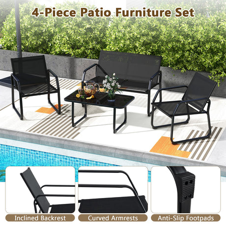 Juego de conversación para patio de 4 piezas con asiento de tela transpirable y mesa con cubierta de vidrio templado - Negro