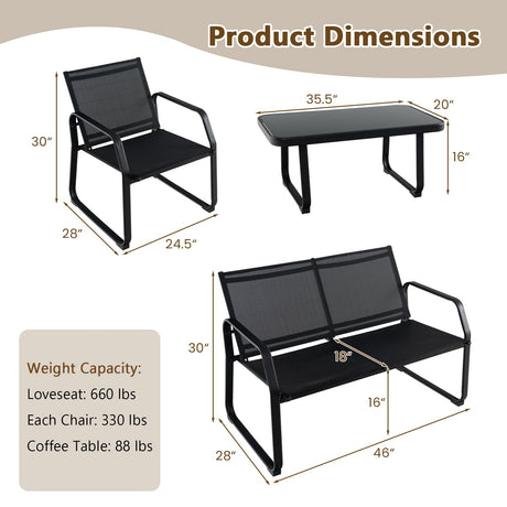 Juego de conversación para patio de 4 piezas con asiento de tela transpirable y mesa con cubierta de vidrio templado - Negro