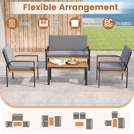 4 Piece Patio Furniture Set with Coffee Table and Loveseat with Removable Cushions-Gray