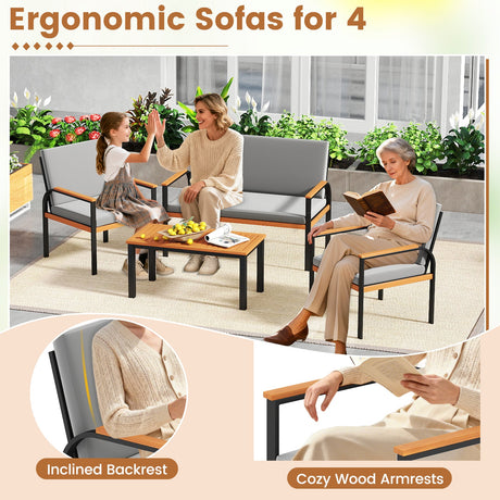 4 Piece Patio Furniture Set with Coffee Table and Loveseat with Removable Cushions-Gray