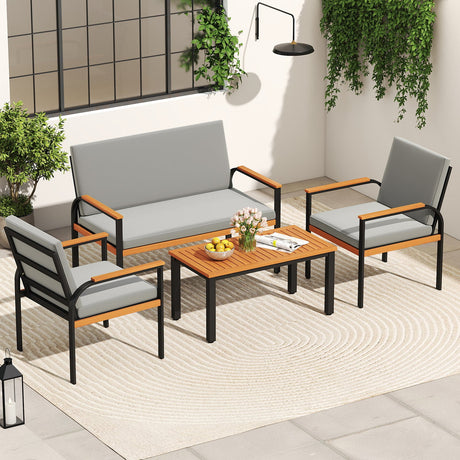 4 Piece Patio Furniture Set with Coffee Table and Loveseat with Removable Cushions-Gray