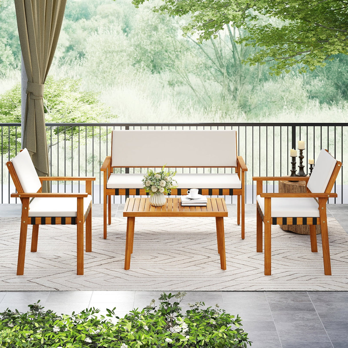 Juego de muebles de patio de 4 piezas con mesa de centro para patio trasero y jardín - Blanco