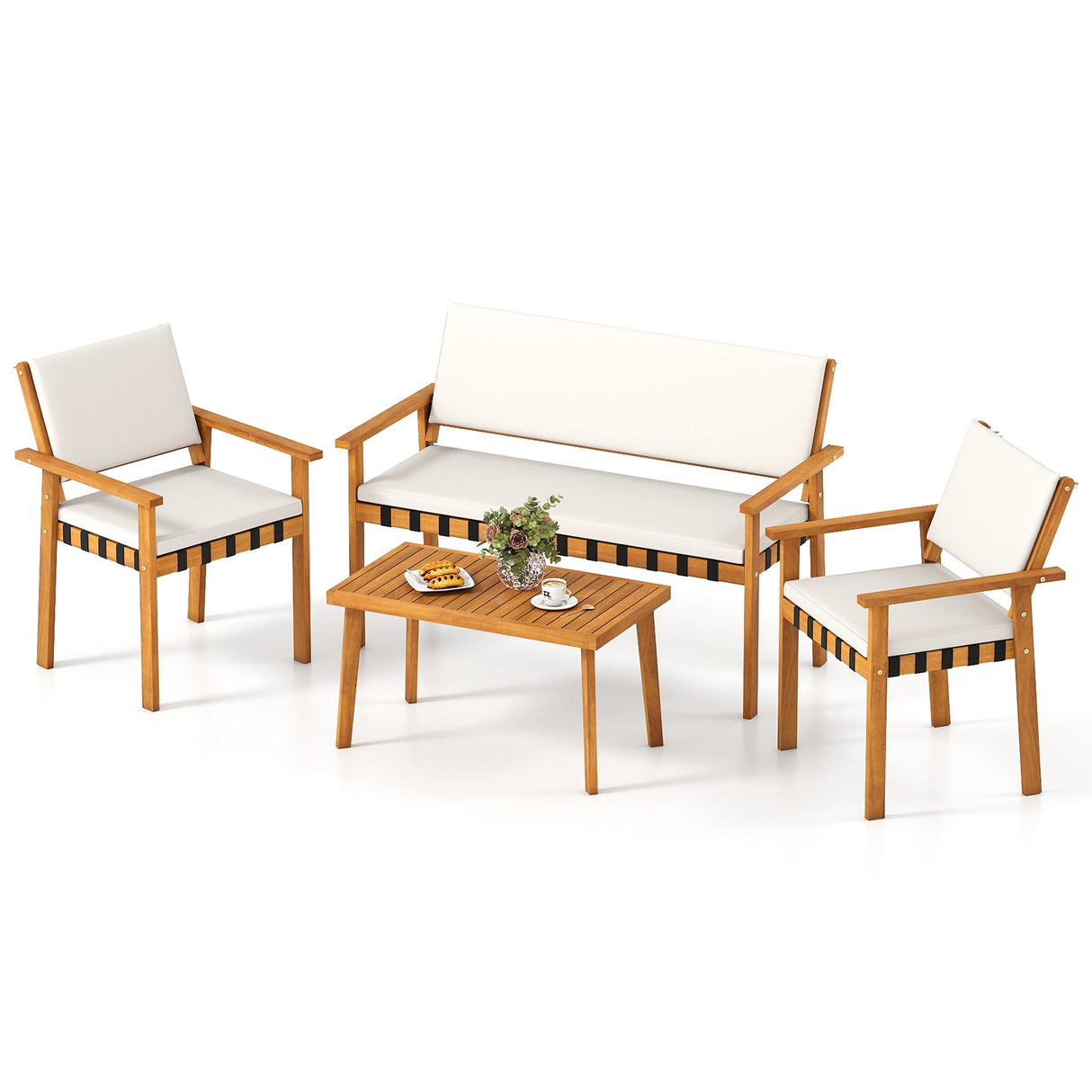 Juego de muebles de patio de 4 piezas con mesa de centro para patio trasero y jardín - Blanco