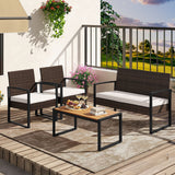 Juego de muebles de patio de 4 piezas, juego de conversación de ratán para exteriores con sillas acolchadas y mesa de centro de madera plástica, blanco roto