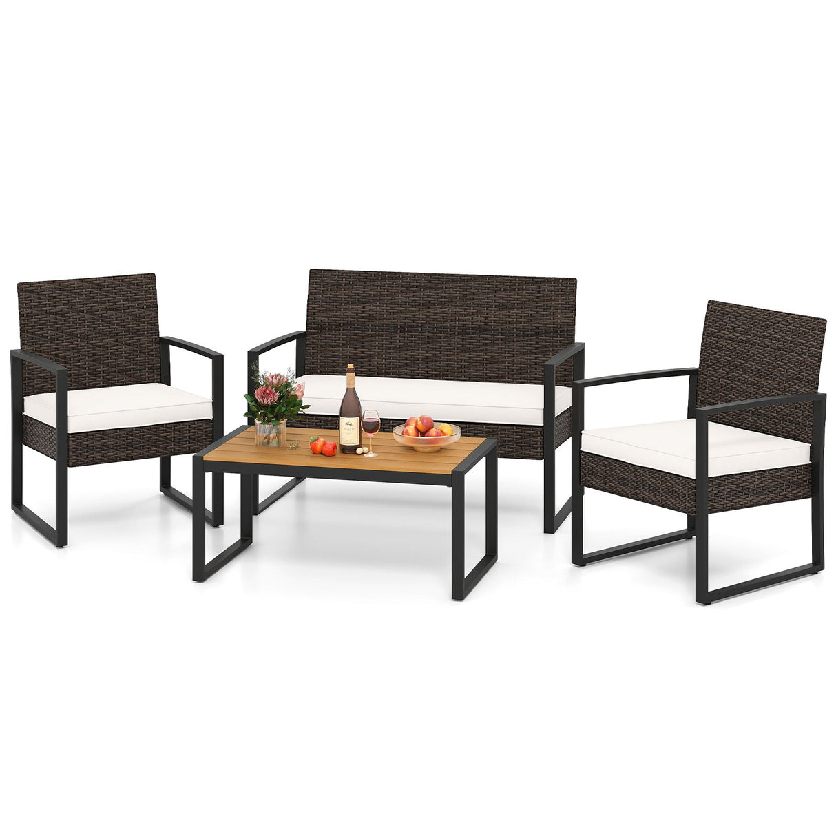 Juego de muebles de patio de 4 piezas, juego de conversación de ratán para exteriores con sillas acolchadas y mesa de centro de madera plástica, blanco roto