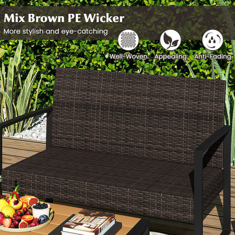 4 Piece Patio Furniture Set Outdoor Rattan Conversation Set with Cushioned Chairs and Wood Plastic Coffee Table-Off White
